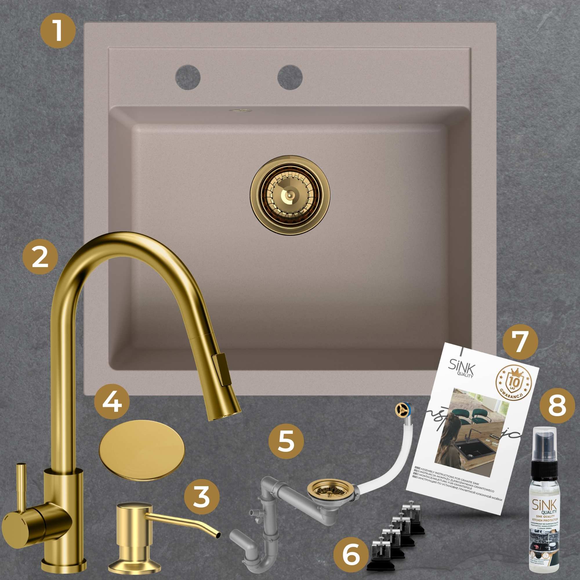 Zestaw gotowy do montażu - zlew, bateria, dozownik, mata, syfon, zaczepy, instrukcja, gwarancja, impregnat